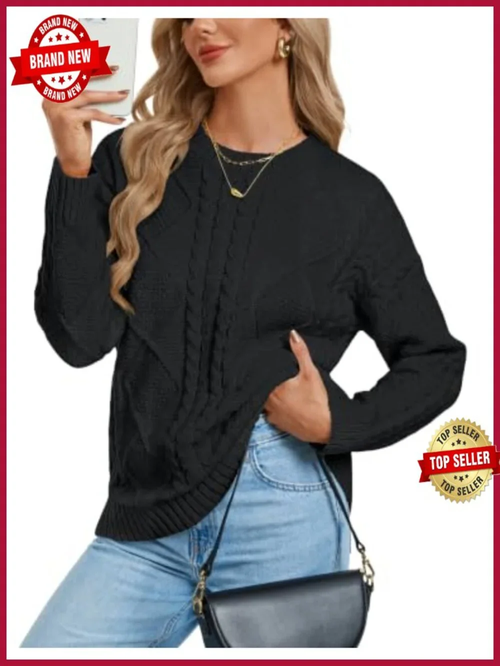 Women's Oversized Crew Neck Cable Knit Sweater - Soft Chunky Pullover, Fall